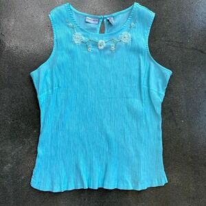 Vintage Jaclyn Smith Blue Floral Embroidered Beaded Size 2XL Blouse Tank Top